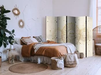 Parawan - Złote Słońce i Księżyc - artystyczna ilustracja w stylu retro / Kosmiczna Harmonia - słońce księżyc i gwiazdy w złotych odcieniach - obrazek 5