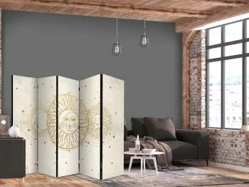 Parawan - Złote Słońce i Księżyc - artystyczna ilustracja w stylu retro / Kosmiczna Harmonia - słońce księżyc i gwiazdy w złotych odcieniach - obrazek 2