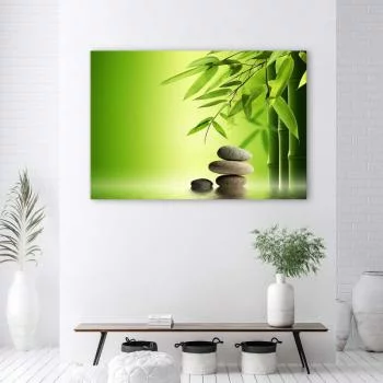 Obraz na płótnie, Kamienie zen i bambus na zielonym tle