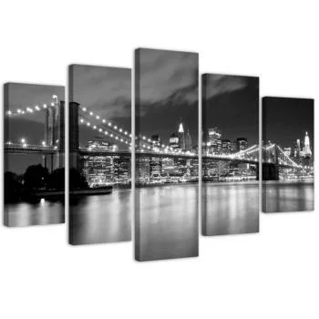 Obraz pięcioczęściowy na płótnie, Brooklyn Bridge nocą czarno-biały - obrazek 2