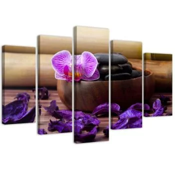 Obraz pięcioczęściowy na płótnie, Kompozycja zen z różową orchideą - obrazek 2