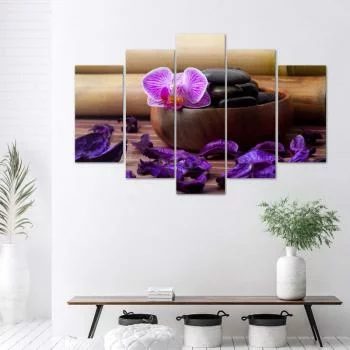 Obraz pięcioczęściowy na płótnie, Kompozycja zen z różową orchideą