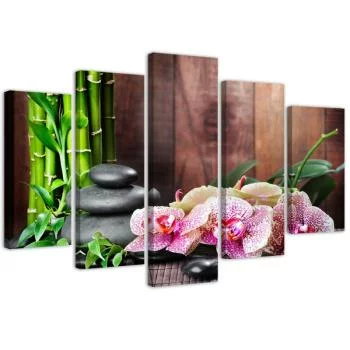 Obraz pięcioczęściowy na płótnie, Kompozycja zen z orchideą i bambusem - obrazek 2