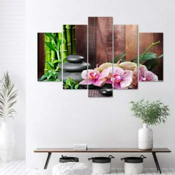 Obraz pięcioczęściowy na płótnie, Kompozycja zen z orchideą i bambusem