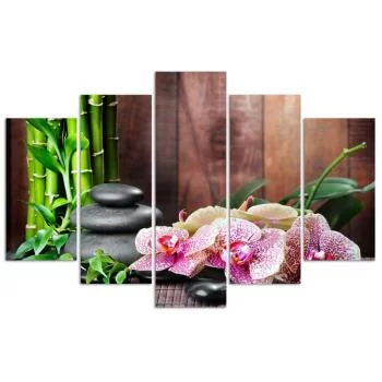 Obraz pięcioczęściowy na płótnie, Kompozycja zen z orchideą i bambusem - obrazek 3