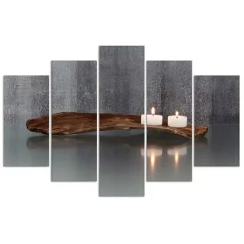 Obraz pięcioczęściowy na płótnie, Kompozycja zen ze świecami i drewnem - obrazek 3