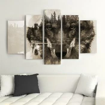 Obraz pięcioczęściowy na płótnie, Wilk na tle lasu - brązowy