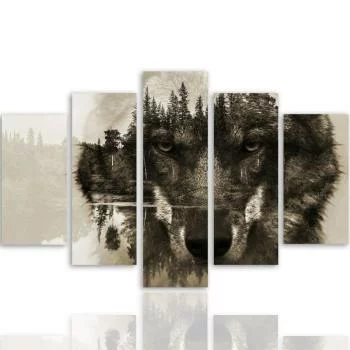 Obraz pięcioczęściowy na płótnie, Wilk na tle lasu - brązowy - obrazek 3