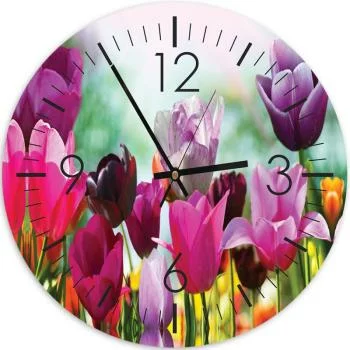 Obraz z zegarem, Kolorowe tulipany