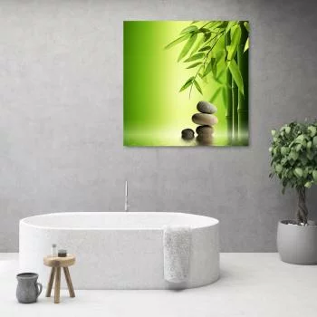 Obraz na płótnie, Kamienie zen i bambus na zielonym tle