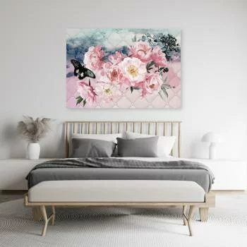 Obraz Deco Panel, Różowe kwiaty i czarny motyl