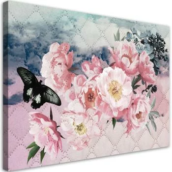 Obraz na płótnie, Różowe kwiaty i czarny motyl - obrazek 2