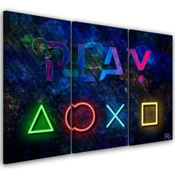Obraz trzyczęściowy na płótnie, Przyciski do kontrolera i napis play - obrazek 2