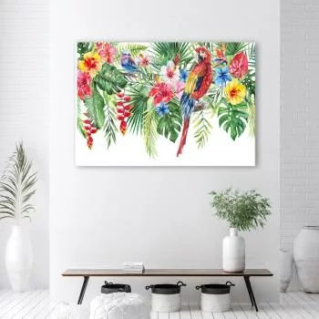 Obraz Deco Panel, Liście kwiaty papuga tropikalne