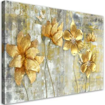 Obraz na płótnie, Złote kwiaty i motyle - obrazek 2