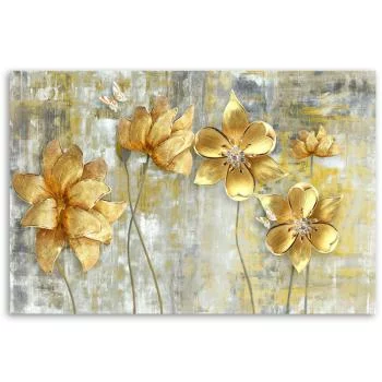 Obraz na płótnie, Złote kwiaty i motyle - obrazek 3