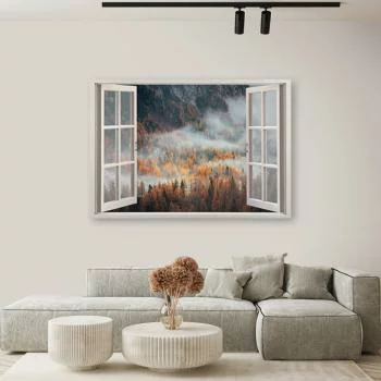 Obraz Deco Panel, Okno jesienna mgła w górach