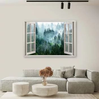 Obraz Deco Panel, Okno Zielony las we mgle natura