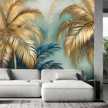 Fototapeta, Błękitno-Złote Palmy Na Szarym Tle - obrazek 2