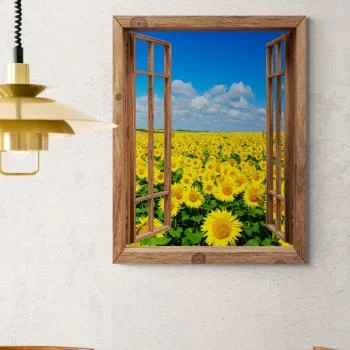 Obraz 3D - słoneczniki za oknem