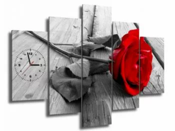 Obraz z zegarem - leżąca czerwona róża