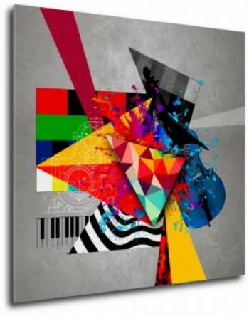 Obraz abstrakcyjny - kruk, skrzypce i kolory
