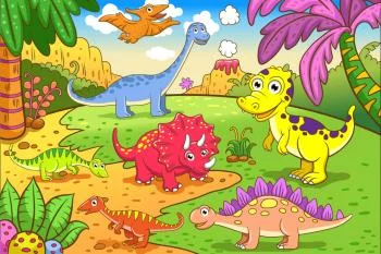 Fototapeta Kolorowe Dinozaury Na Polanie - obrazek 2