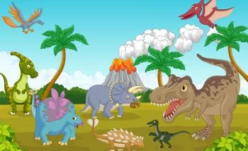 Fototapeta Kolorowe Dinozaury I Wulkan - obrazek 2