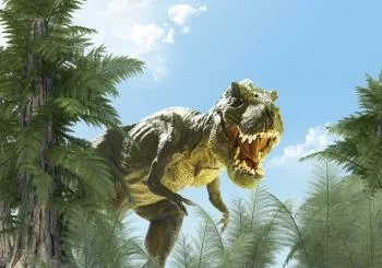 Fototapeta Wielki Dinozaur T-Rex I Palmy - obrazek 2