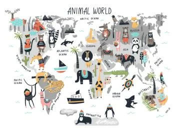 Fototapeta Mapa Świata Zwierząt - Ilustracja Edukacyjna - obrazek 2