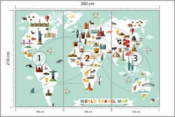 Fototapeta Mapa Świata - Podróżnicza z Ikonami Zabytków - obrazek 3