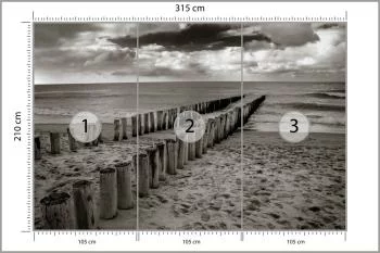 Fototapeta - Drewniane Falochrony na Plaży w Odcieniach Szarości - obrazek 3