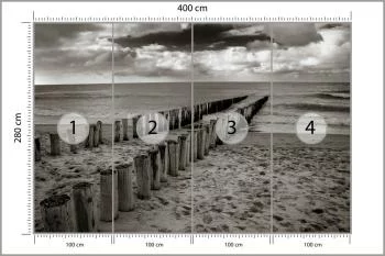 Fototapeta - Drewniane Falochrony na Plaży w Odcieniach Szarości - obrazek 3