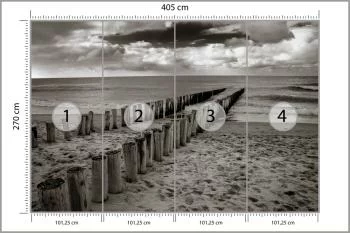 Fototapeta - Drewniane Falochrony na Plaży w Odcieniach Szarości - obrazek 3