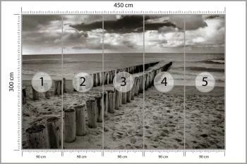 Fototapeta - Drewniane Falochrony na Plaży w Odcieniach Szarości - obrazek 3