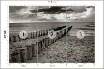 Fototapeta - Drewniane Falochrony na Plaży w Odcieniach Szarości - obrazek 3