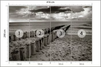 Fototapeta - Drewniane Falochrony na Plaży w Odcieniach Szarości - obrazek 3