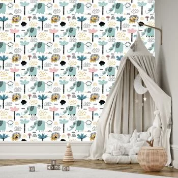 Tapeta Sawanna, Lwy, Słonie, Drzewa, Pokój Chłopca