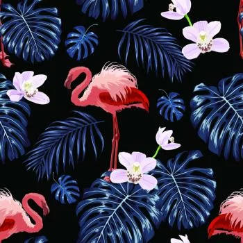 Tapeta We Flamingi Liście Kwiaty Natura, Do Salonu - obrazek 2