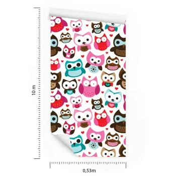 Tapeta Do Pokoju Dziewczynek Kolorowe Sowy Serca - obrazek 3