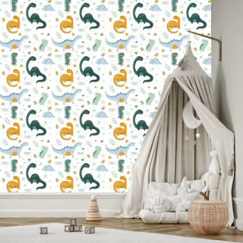 Tapeta Do Pokoju Dziecka Dinozaury, Liście, Kwiaty