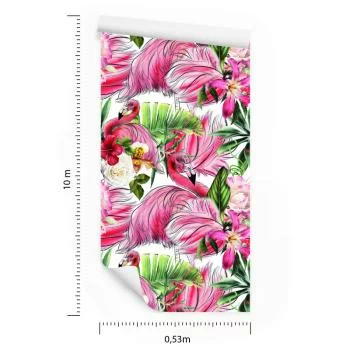 Tapeta Do Salonu, Flamingi, Róże, Kwiaty, Liście - obrazek 3