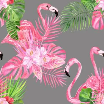 Tapeta Do Salonu, Flamingi, Ptaki, Zieleń, Liście - obrazek 2