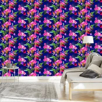 Tapeta Do Salonu, Ptaki, Flamingi, Kwiaty, Rośliny