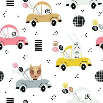 Tapeta Dla Dzieci - Kolorowe Autka I Wesołe Leśne Zwierzątka - obrazek 2
