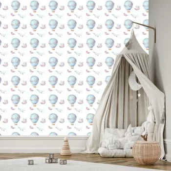 Tapeta W Balony, Chmury, Ptaki, Do Pokoju Dziecka