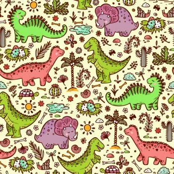 Tapeta Dla Dzieci Dinozaury Kwiaty Kaktusy Drzewa - obrazek 2
