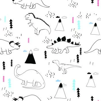 Tapeta Dla Dzieci, Dinozaury, Chmury, Góry, Drzewa - obrazek 2