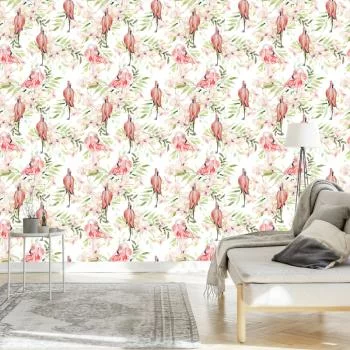 Tapeta Z Flamingami, Kwiaty, Liście, Do Sypialni