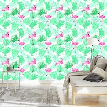 Tapeta Liście Tropikalne Flamingi